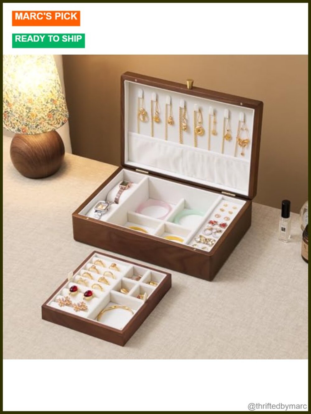 Black Walnut Wooden Jewelry Box 2 Layer Necklace Organizer for Women